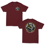 Reaper tee in burgundy, front and back with Dirt Bike Kingdom round logo graphic