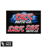 Sticker pack with two DBK Moto Co. decals, blue mountain graphic and red outlined script lettering