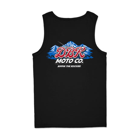 Black tank top with full back graphic: DBR Moto Co, mountains, and “Rippin the Rockies”.
