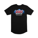 Black tall tee with DBR Moto Co blue mountain chest graphic