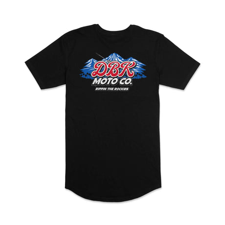 Black tall tee with DBR Moto Co blue mountain chest graphic