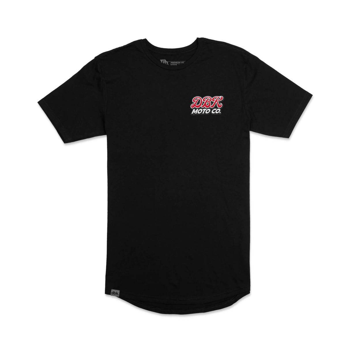 Black tall tee with small DBR Moto Co logo on chest