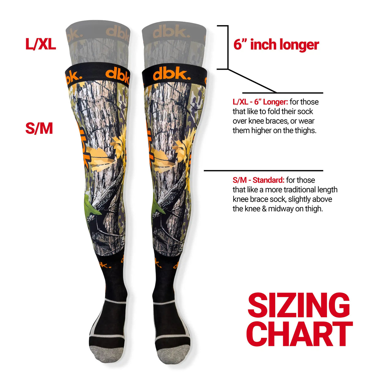 Pair of moto socks showing two shaft lengths, mid-calf and longer above-the-knee fit
