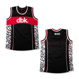 Black jersey tank with red chest panel, white-red trim, and patterned side panels.