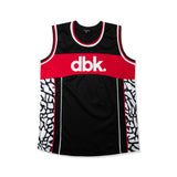 AirMax jersey tank with black mesh body, red band, white/black side print, ribbed trim