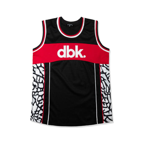 AirMax jersey tank with black mesh body, red band, white/black side print, ribbed trim