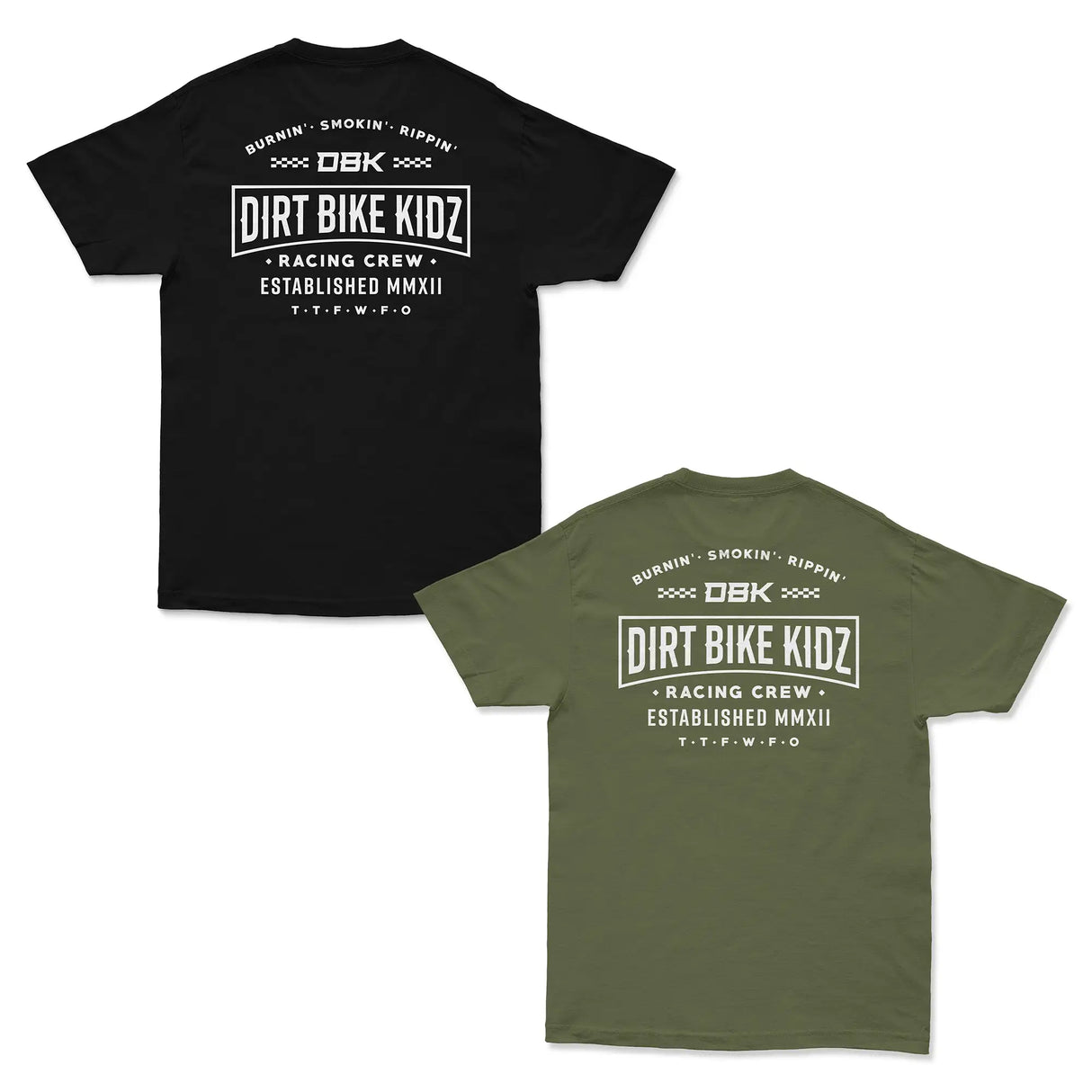 Short-sleeve graphic T-shirt set in black and military green, crew neck.