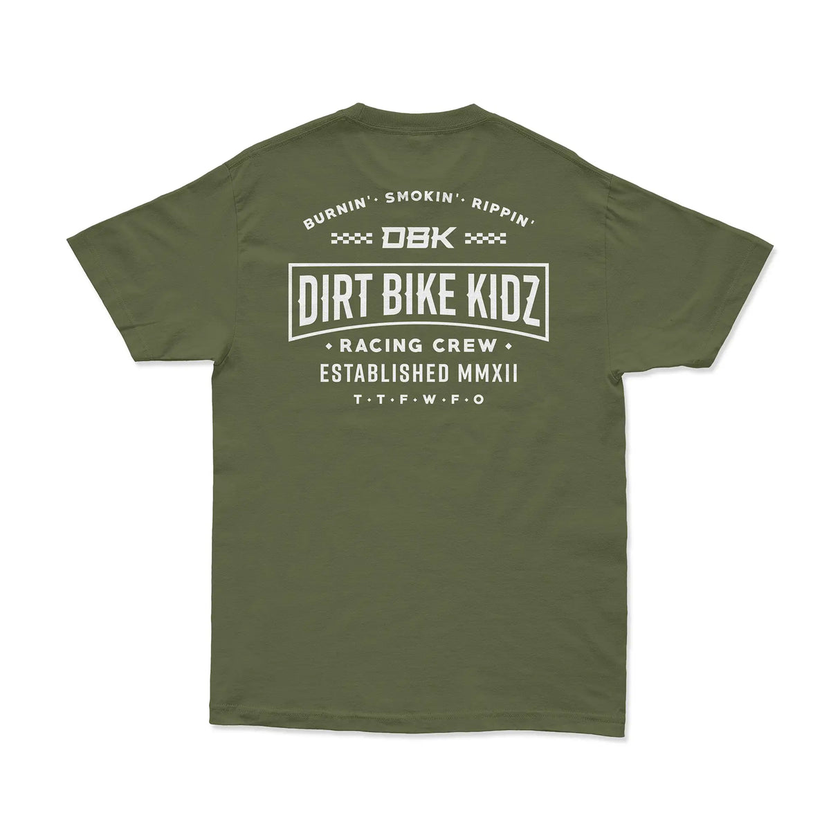 Military green crewneck T-shirt with large back “DIRT BIKE KIDZ” graphic