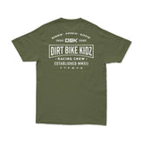 Military green crewneck T-shirt with large back “DIRT BIKE KIDZ” graphic