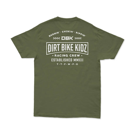 Military green T-shirt, large back graphic “DIRT BIKE KIDZ” with racing crew text