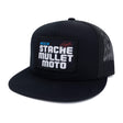 Black trucker cap with mesh sides and front logo patch, curved snapback brim.