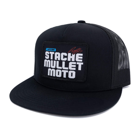 Stache Mullet Moto black trucker cap with front logo patch and curved brim