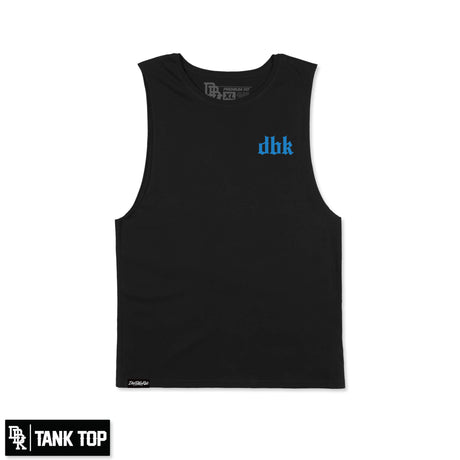 Black tank top with blue dbk logo, crew neck and sleeveless cut