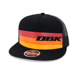 Black trucker cap with orange-red-yellow stripe and DBK logo on front