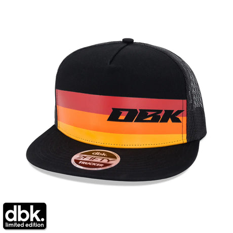 DBK trucker cap, black crown with orange-red stripe and yellow brim trim