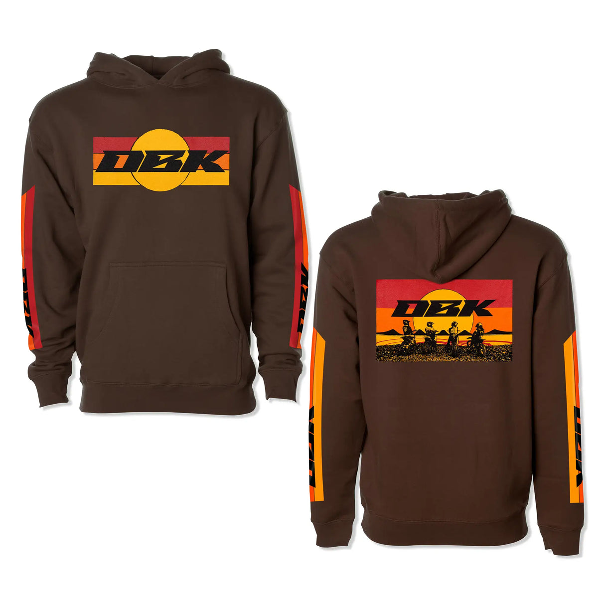 Brown youth hoodie with front pocket, drawstring hood, and DKB chest logo