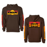 Brown youth hoodie with front pocket, drawstring hood, and DKB chest logo
