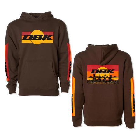 Brown youth hoodie with front pocket, drawstring hood, and DKB chest logo