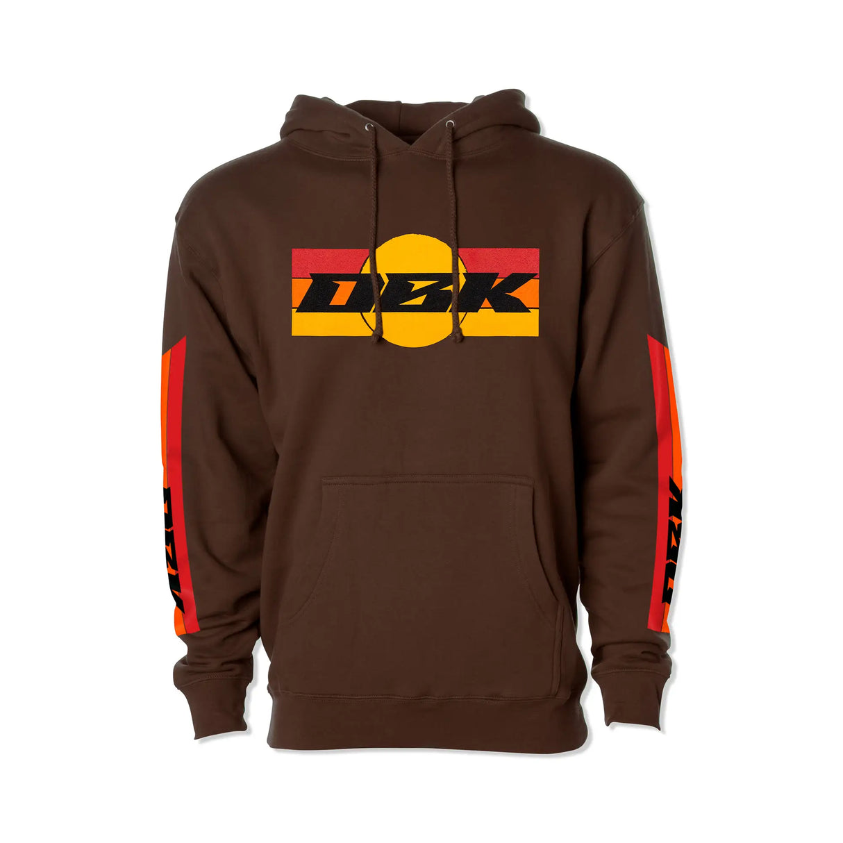 Brown pullover hoodie with centered DJK graphic on back and orange/yellow side stripes.