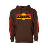 Brown pullover hoodie with centered DJK graphic on back and orange/yellow side stripes.