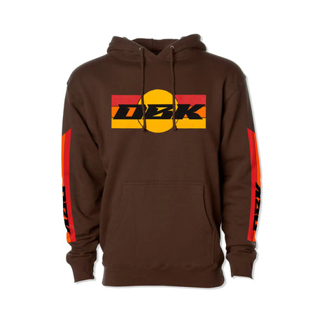 Brown hoodie back: oversized DBK logo in yellow and black with red background