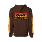 Brown youth hoodie back view with drawstring hood, large DKB back graphic, and sleeve stripes
