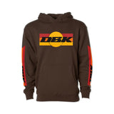 Brown youth hoodie front view with drawstring hood, kangaroo pocket, and DKB chest logo