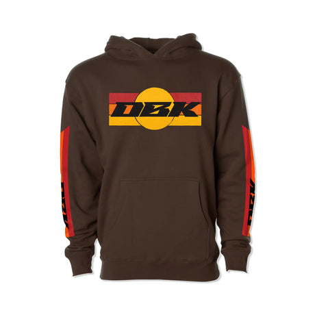 Brown youth hoodie front view with drawstring hood, kangaroo pocket, and DKB chest logo