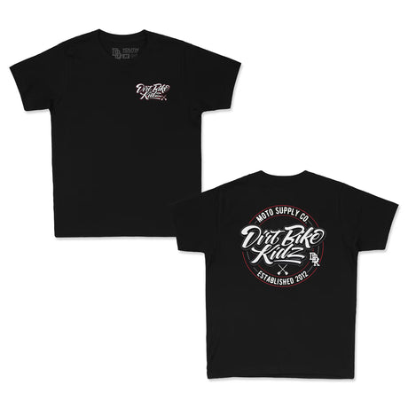 Two Youth Premium Tees in black, one with small front logo and one with large back logo