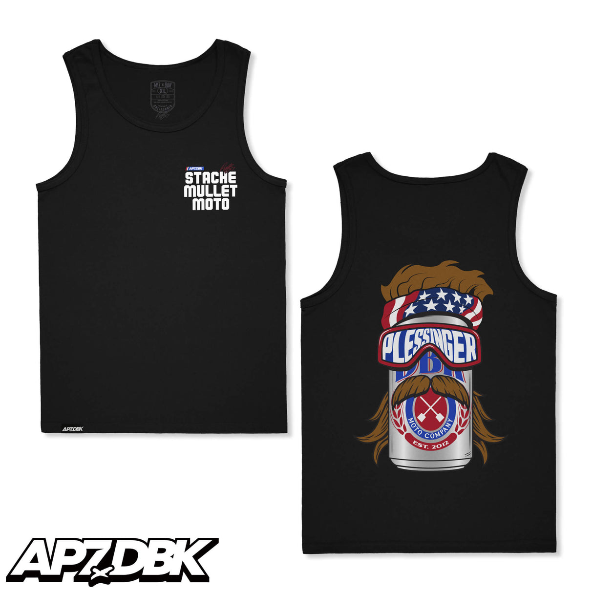 Black tank top with 'Stache Mullet Moto' chest graphic and mustache poster back
