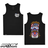 Black tank top with 'Stache Mullet Moto' chest graphic and mustache poster back