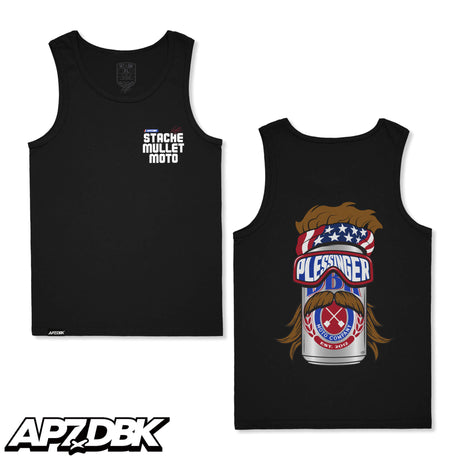Black tank top with 'Stache Mullet Moto' chest graphic and mustache poster back