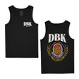 Black tank top with DBK moto co chest logo and large back crest graphic