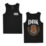 Black tank top with DBK moto co chest logo and large back crest graphic