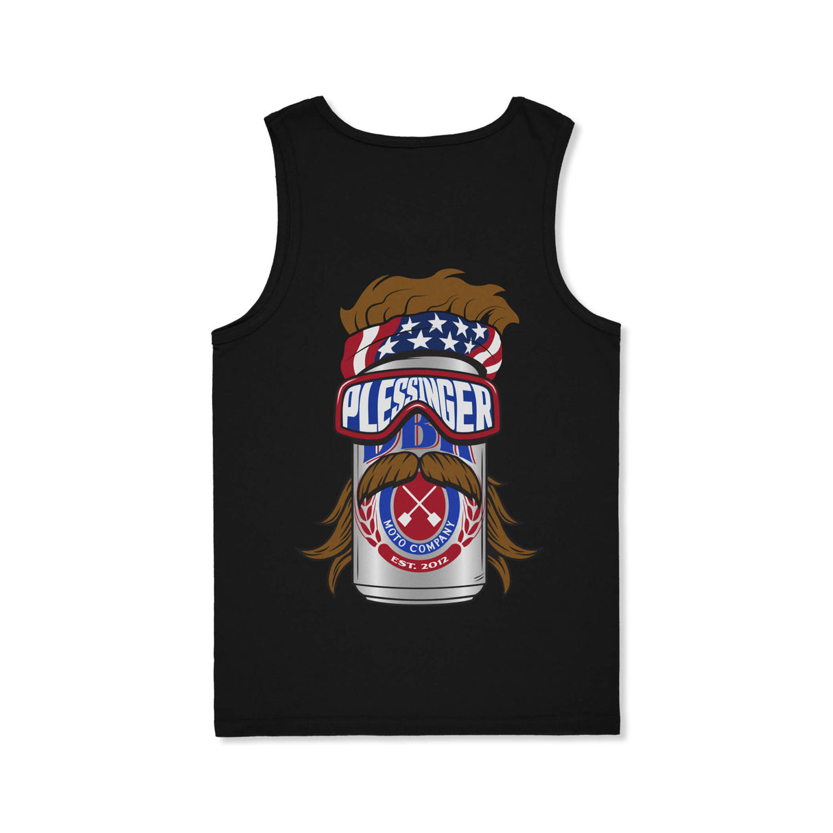 Black tank top with blue-red mustache face poster graphic centered on chest