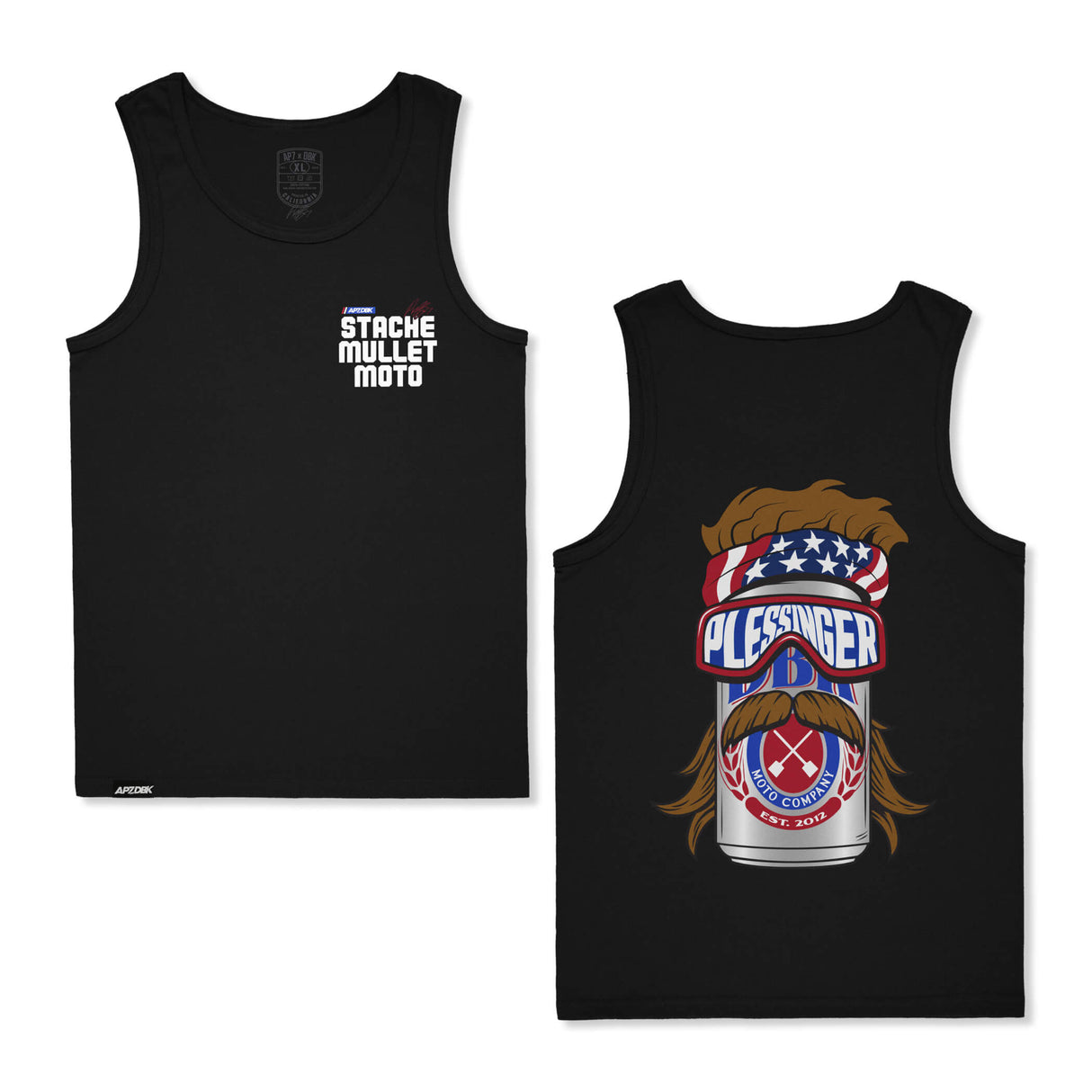 Black tank top with 'Stache Mullet Moto' front and mustache poster back graphic
