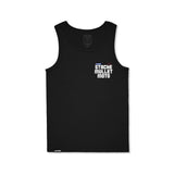 Black tank top with 'Stache Mullet Moto' text graphic on chest