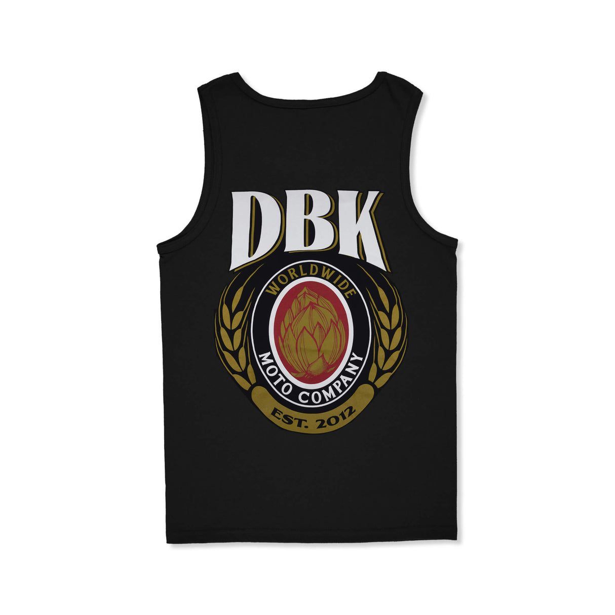 Black tank top with large DBK worldwide moto company crest front print