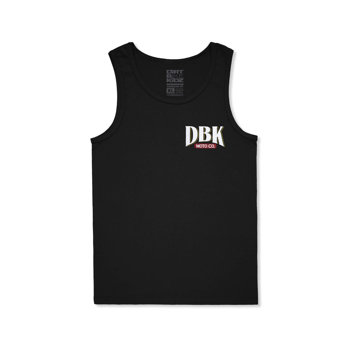 Black tank top with small DBK moto co logo on the chest