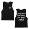 Black tank top, sleeveless crew neck, front and back white graphic print