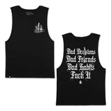Black tank top, sleeveless crew neck, front and back white graphic print