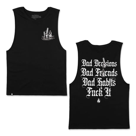 Black tank top, sleeveless crew neck, front and back white graphic print