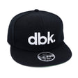 Black snapback cap with white dbk logo and front 4FIFTY Snapback patch