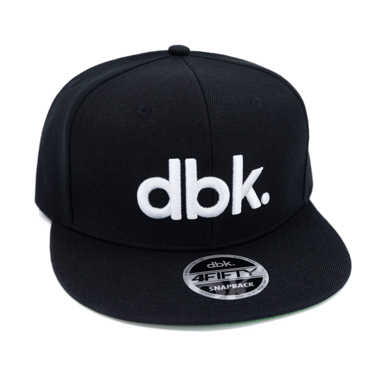 Black snapback cap with white dbk logo and front 4FIFTY Snapback patch