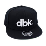Black snapback cap with white dbk logo and front 4FIFTY Snapback patch