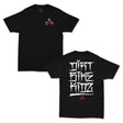 Black T-shirt with small chest graphic; set shows matching back graphic print