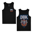 Black tank top with small DBK logo and multicolor flames on chest
