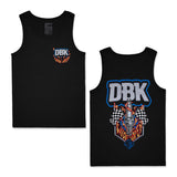Black tank top with small DBK logo and multicolor flames on chest