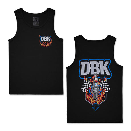 Black tank top with small DBK logo and multicolor flames on chest
