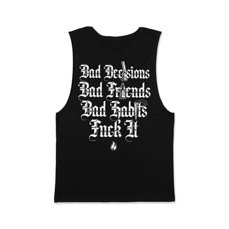 Black sleeveless tank top with large white typographic back graphic